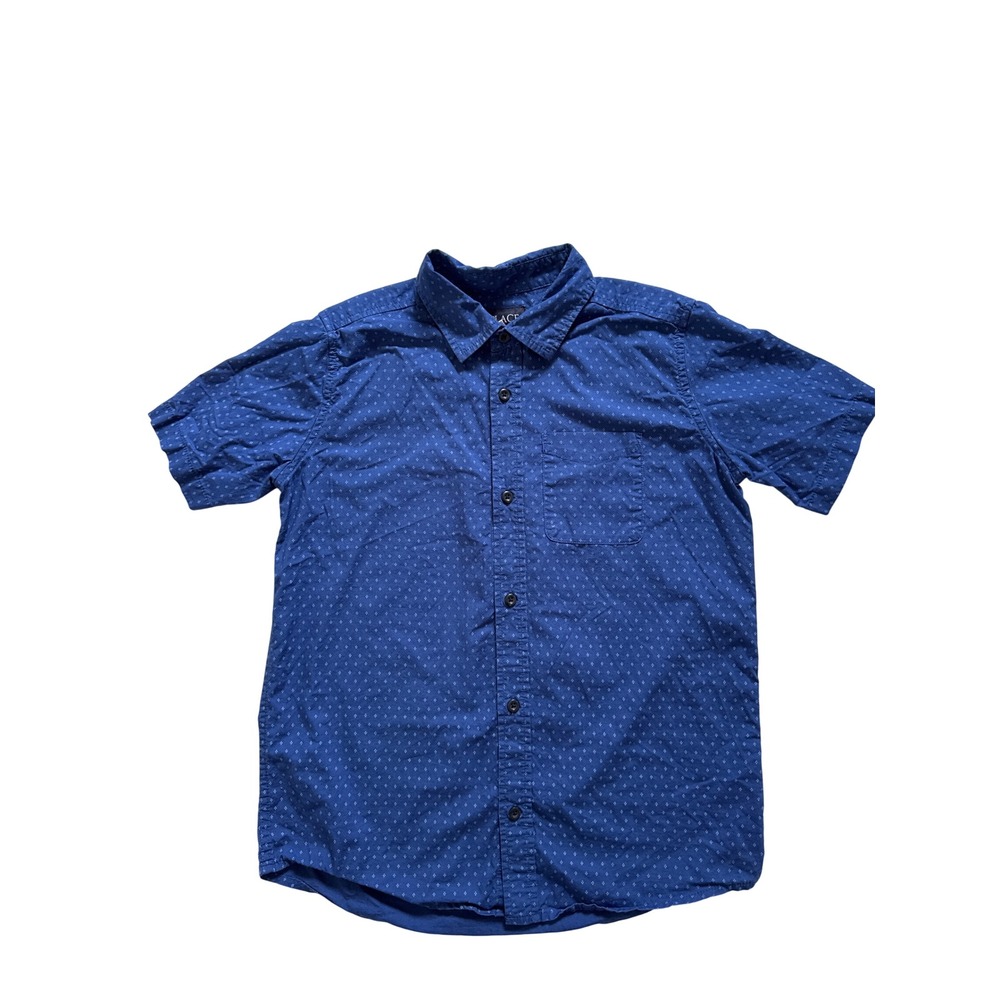 The Childrens Place Boys Blue Geometric Diamond Print Button Down Shirt Size 14